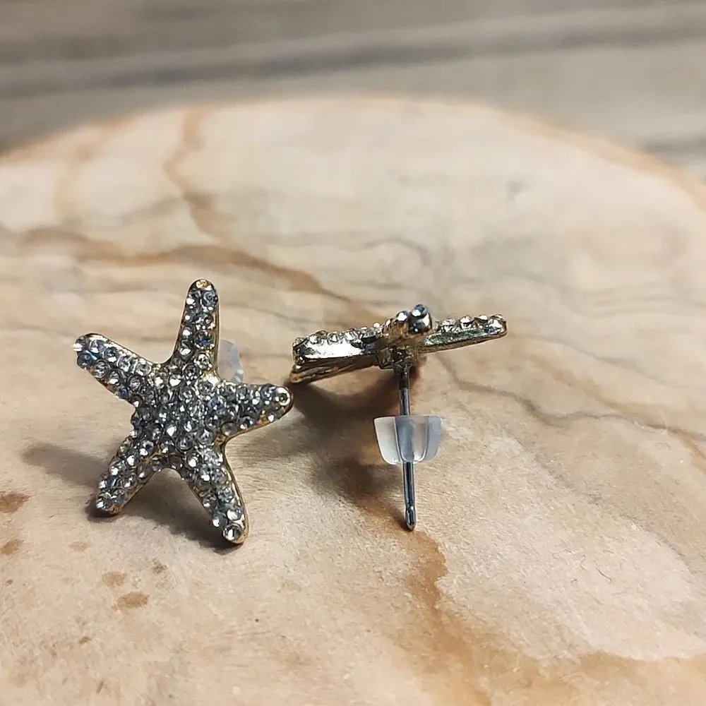 Gold Tone Rhinestone Sparkle Sea Star Pierced Earrings
